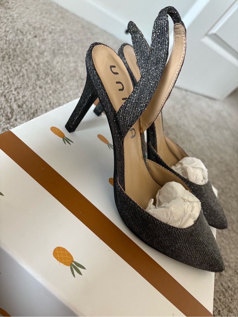 Unisa Black Glitter Slingback Pointed Heels